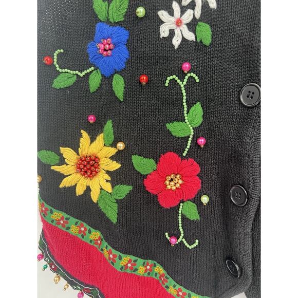 Vintage 90s Ugly Sweater Vest Poinsettia Large Victoria Jones Floral Beaded - Picture 3 of 5